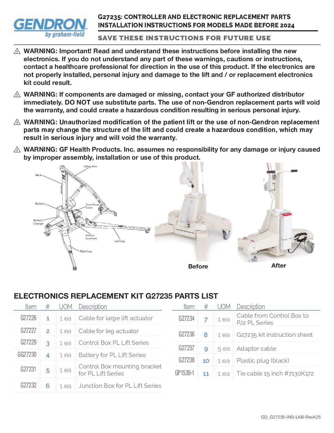 Controller and electronic replacement parts installation instructions for models made before 2024